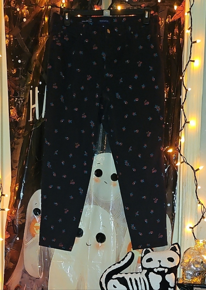 EUC Charter Club Women's Bristol Skinny Ankle Black Floral Stretch Slacks